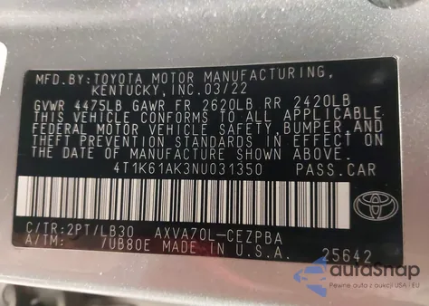 2022 Toyota Camry Xse из США, поврежденный, VIN 4T1K61AK3NU031350